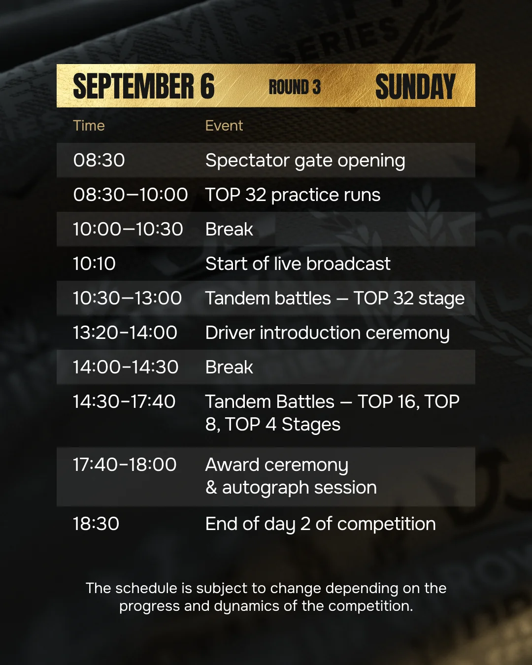 Schedule, 6 September